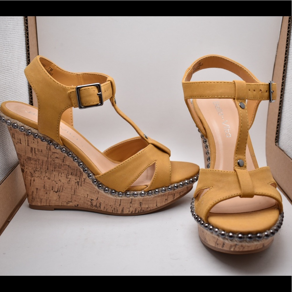 Yellow Cork Wedge Heels